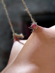 Predicament Category 5 bondage. Pulled back by hair tie, pulled forward by nipples!